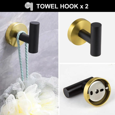 Five Piece Black And Gold Stainless Steel Bathroom Hardware Set showing a black and gold wall-mounted robe hook detail view