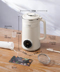 8 In One Nut Milk Maker And 32 Oz Self Cleaning Automatic Blender with measuring cup, nut milk bag, and recipe card on wooden surface.