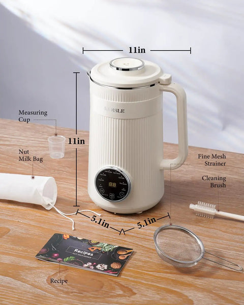 8 In One Nut Milk Maker And 32 Oz Self Cleaning Automatic Blender with measuring cup, nut milk bag, and recipe card on wooden surface.