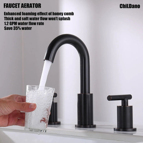 Black Matte Widespread Bathroom Faucet With Pop Up Drain And Supply Hose, 8 Inch, Two Handles, Low Arc Swivel Spout