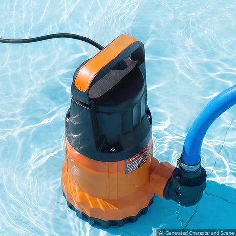 Rock Solid Submersible Water Pump 1 Horsepower 4300 Gallons Per Hour in pool water with hose attachment for drainage.