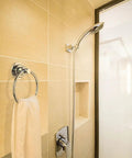 Drill Free Vacuum Suction Cup Towel Ring No Tools Needed Easy Install Stick And Go For Showers Holds Towels And Washcloths With Strong Suction Relocatable Mount installed on bathroom wall