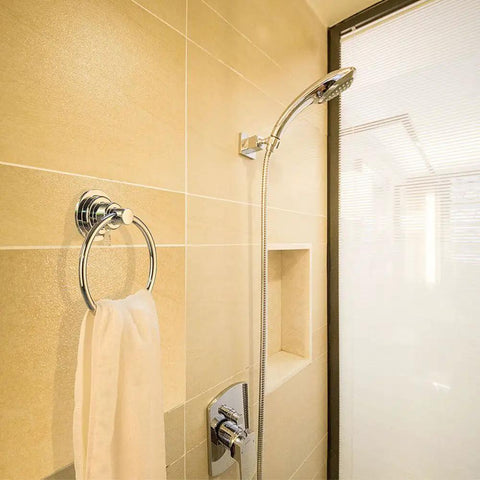 Drill Free Vacuum Suction Cup Towel Ring No Tools Needed Easy Install Stick And Go For Showers Holds Towels And Washcloths With Strong Suction Relocatable Mount installed on bathroom wall