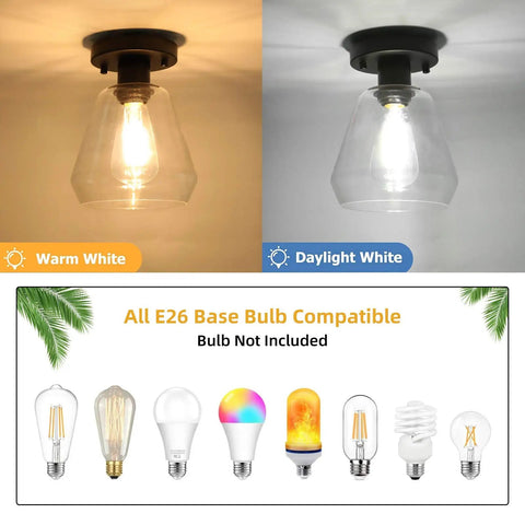 2 Pack Modern Industrial Semi Flush Mount Ceiling Lights with warm and daylight glow, bulb compatibility shown, matte black, E26 socket