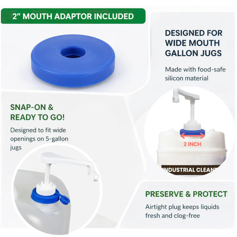 2 Pack Heavy Duty Liquid Pump For Gallon Jugs And 5 Gallon Buckets White BPA Free Leakproof Dispenser with 2" mouth adapter displayed.