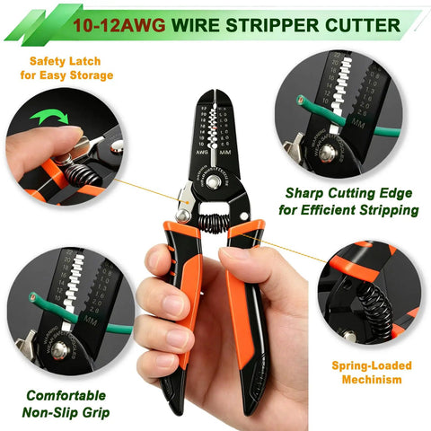 Ultimate 1500 Piece Waterproof Automotive Electrical Connector Kit With 87 Sets Of Weather Pack Terminals Plus Ratcheting Crimper Pliers And Storage Case For Your Hot Rod Or Daily Driver Needs wire stripper cutter, 10-12 AWG, orange black handles