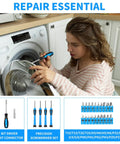 Woman using 39 Piece All In One Home Tool Set In Blue Toolbox Case to repair a washing machine. Tools include screwdrivers.