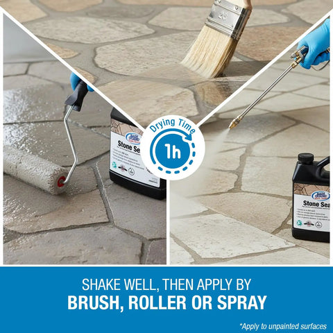 All Stone Surfaces Sealer With Penetrating Water Repellent Silane Siloxane Formula shown applied with brush, roller, spray