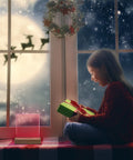 Child with gift box near a window with a 5.9 Inch Wooden LED Light Base Kit Dimmable Colorful Display for holiday decor.