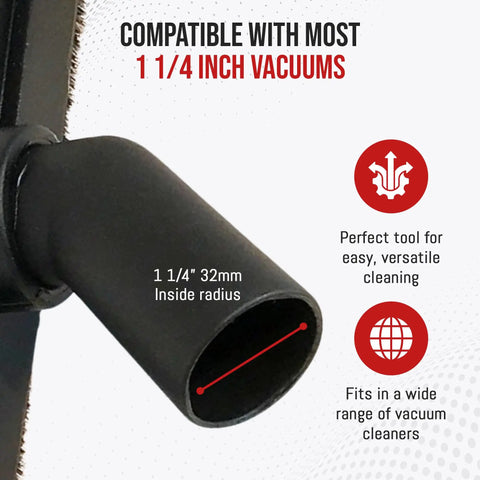 Close-up of Deluxe Horsehair Brush Attachment Top Notch For Vacuum Cleaners, 32mm standard size opening, compatibility details.