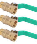 Top Shelf One Half Inch Premium Brass Ball Valve For Hot And Cold Water Piping Systems Built Damn Tough, set of three valves with green handles.