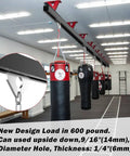 Gym with overhead punching bags and support track system, showing load capacity and design details for heavy-duty fitness use