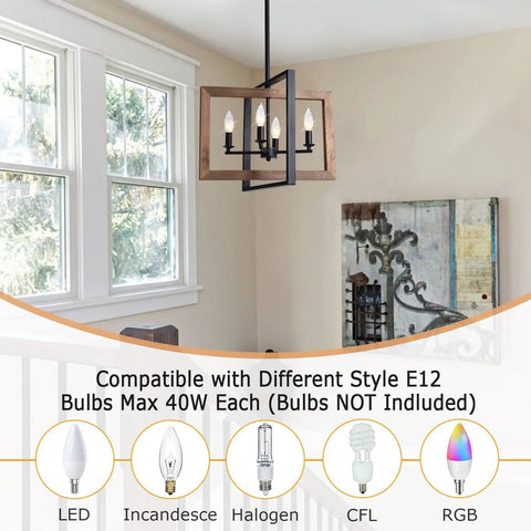 Farmhouse Style Chandelier For Kitchen Island Rustic Industrial Pendant Light With Wood And Metal Frame Perfect Dining Room Vibe And Pool Table Lighting Vintage Modern Farmhouse Look with bulb options shown in home setting.