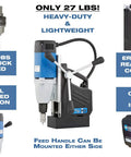 Heavy Duty Single Speed Portable Magnetic Drill With One Point Three Eight Inch Bore Eight Point Two Amp Motor Four Hundred Fifty Rpm, includes 1/2" Jacobs drill chuck, ergonomic controls, and carrying case.