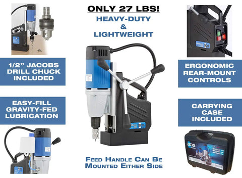 Heavy Duty Single Speed Portable Magnetic Drill With One Point Three Eight Inch Bore Eight Point Two Amp Motor Four Hundred Fifty Rpm, includes 1/2" Jacobs drill chuck, ergonomic controls, and carrying case.