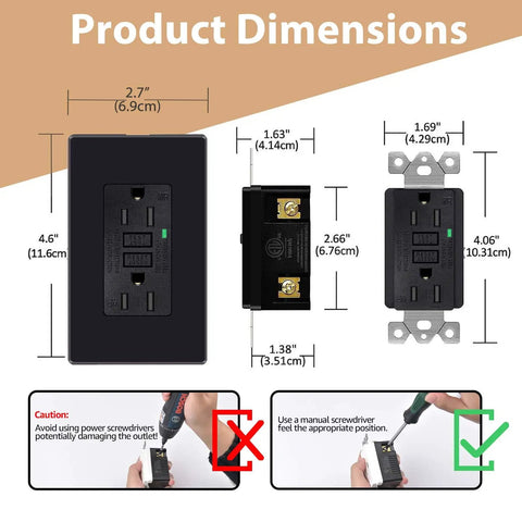 Black GFCI Outlet 15 Amp 2 Pack With LED Indicator Weather Resistant Ground Fault Circuit Interrupters 120V ETL Listed dimensions