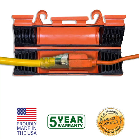 Heavy Duty Outdoor Extension Cord Safety Cover and Weatherproof Connector Protector, 2 Pack with cord in bright orange casing.