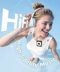 Smiling woman enjoying music with 64GB Clip MP3 Player With Bluetooth For On The Go Music Ultra Portable Clip On Player