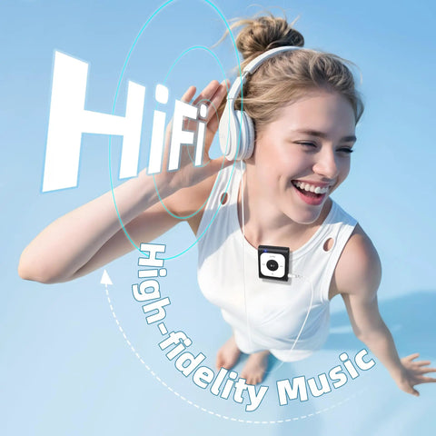 Smiling woman enjoying music with 64GB Clip MP3 Player With Bluetooth For On The Go Music Ultra Portable Clip On Player