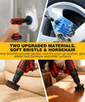 9 Pcs Drill Brush Attachments Set with soft and hard bristles used on car wheel and surfaces, showcasing horsehair brush for cleaning.