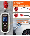 Portable Type2 EV Charger 11KW Fast Charge Hub With 16 Amp Output connected to a car, showing adjustability for current settings.