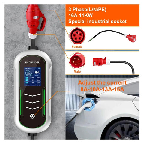 Portable Type2 EV Charger 11KW Fast Charge Hub With 16 Amp Output connected to a car, showing adjustability for current settings.