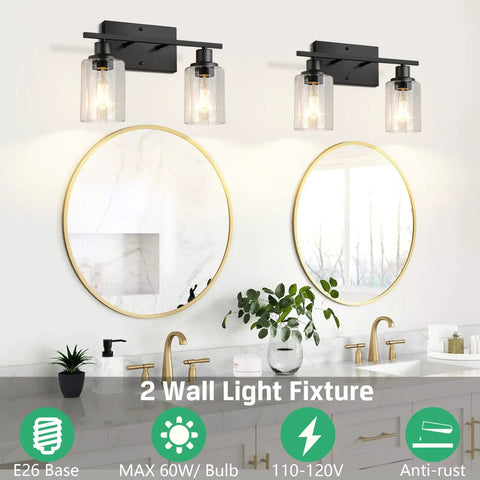 Two Light Modern Bathroom Vanity Light Fixtures With Clear Glass Shades Matte Black Wall Sconce Lighting in bathroom