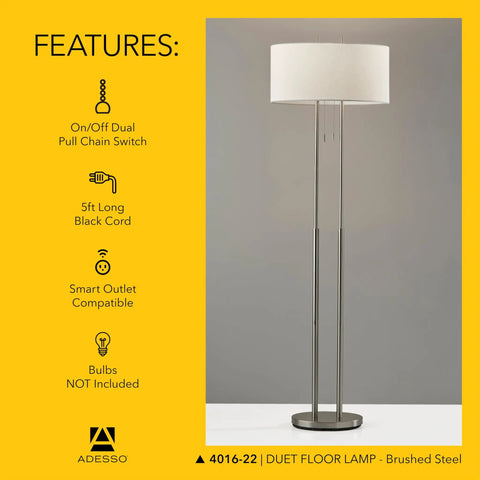 Brushed Steel Floor Lamp With Ivory Fabric Shade, Dual Pull Chain And Double Socket Design, Dope Modern Ambient Glow