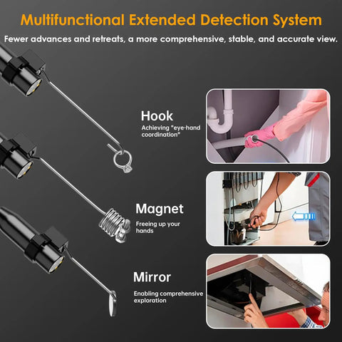 Ultra Clear Endoscope Camera With Light For Home And Auto Inspections, 1920x1440 HD Borescope With IP67 Waterproof Seal, SemiRigid Snake Camera, 16.4Ft Cable, 8 LED Lights, Works With iPhone And Android, For Pipes And Engine Bays, with hook, magnet, and mirror attachments
