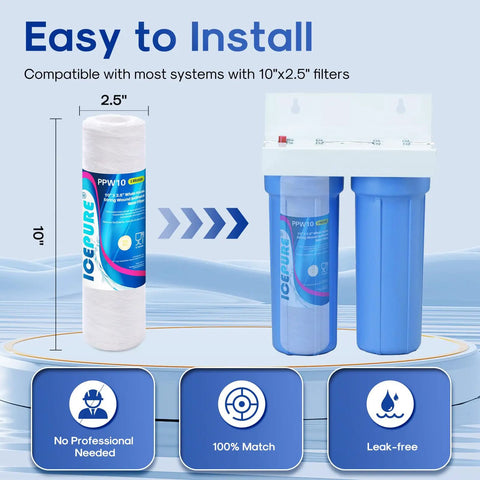 5 Micron 10 Inch String Wound Sediment Water Filter Cartridge for Well Water, image of filter and housing, easy to install