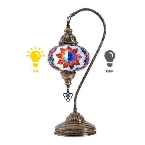 Turkish Mosaic Table Lamp With Built In LED Bulb Hand Cut Glass Mosaics Moroccan Gooseneck Design Tall 45 Cm Lit Accent Light For Living Room Handmade In Turkey shown lit and unlit