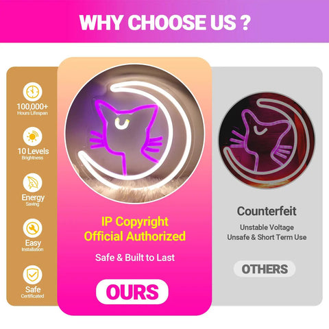 Brightness and safety comparison between Anime Luna Neon Sign LED Dimmable Moon Cat Night Light and a generic version.