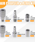 All-In-One 28 Piece 1/4 Inch NPT Quick Connect Air Fittings Kit with couplers plugs nipples and Teflon tape components displayed