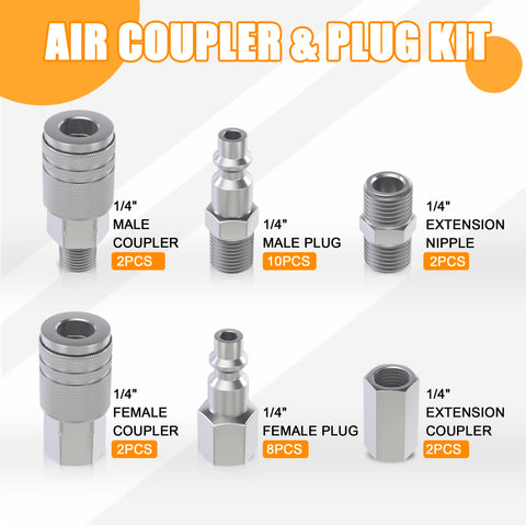 All-In-One 28 Piece 1/4 Inch NPT Quick Connect Air Fittings Kit with couplers plugs nipples and Teflon tape components displayed