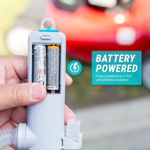 Close-up of All American Style Battery Powered Stick Pump showing battery compartment powered by 2 AA batteries for fluid transfer.