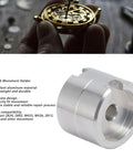 Pro Grade Aluminum Watch Movement Holder For 2824 2892 NH35 NH36 2813 8200 with watch repair process in background