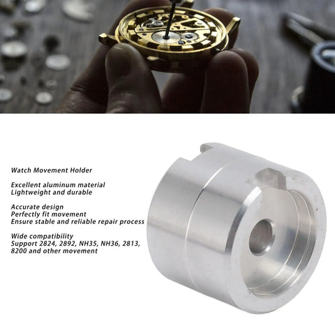 Pro Grade Aluminum Watch Movement Holder For 2824 2892 NH35 NH36 2813 8200 with watch repair process in background