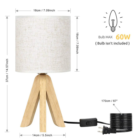 Set Of 2 Wood Tripod Bedside Lamps With Linen Fabric Shade shown with dimensions and cord
