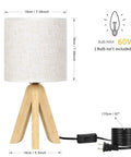 Set Of 2 Cute Wooden Tripod Bedside Lamps With Linen Fabric Shade, shown with dimensions and cord, minimalist design