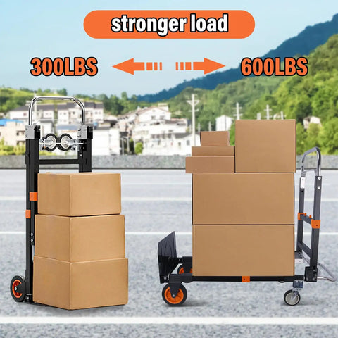 Heavy Duty 3 In 1 Folding Hand Truck And Convertible Dolly Cart Featuring Swift Mode Swap And 600 Pound Cap Folded Utility Cart showcasing moving cardboard boxes.