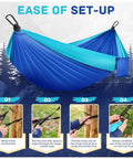 Ultralight Parachute Nylon Camping Hammock With Two Tree Straps Supports Up To 600 Lbs For Single Or Double Use Travel Swing Outdoor Gear For Beach Backpacking And Hiking Blue showing setup instructions with images.