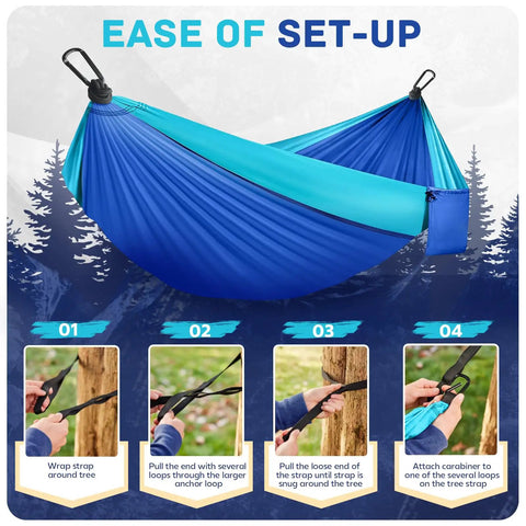 Ultralight Parachute Nylon Camping Hammock With Two Tree Straps Supports Up To 600 Lbs For Single Or Double Use Travel Swing Outdoor Gear For Beach Backpacking And Hiking Blue showing setup instructions with images.