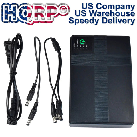 Mini Ups Battery Backup For Wifi Routers Featuring 10400mAh Rechargeable Cells And Poe Usb Outputs, black unit with cables and LED indicator.