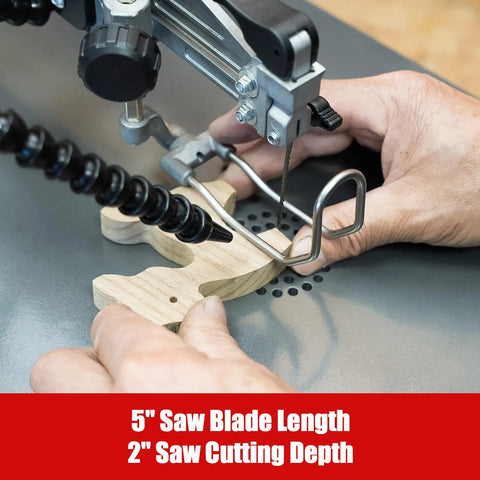 16 Inch Variable Speed Scroll Saw With Pinless Blades, 1.3A Motor cutting wood with precision; hands guiding wood piece.