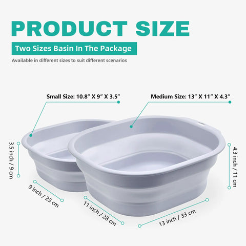 Collapsible Wash Basin Set 5L Foldable Dish Tub With Small And Medium Portable Sink Built For Kitchen And Camping RV Laundry And Baby Bottles BPA Free Plastic Gray showing sizes 10.8x9x3.5 and 13x11x4.3