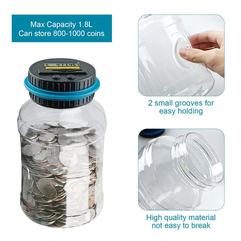 Digital Coin Jar For Saving Cash And Stashing Change, 1.8L Large Piggy Bank With LCD Counter Counts 800-1000 US Coins