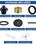 Package contents of Brass Bathtub Drain Kit With Lift And Turn Mechanism, Single Hole Overflow Faceplate, Matte Black Finish.