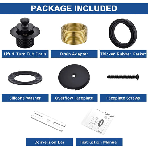 Package contents of Brass Bathtub Drain Kit With Lift And Turn Mechanism, Single Hole Overflow Faceplate, Matte Black Finish.