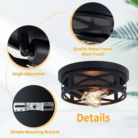 Two Pack Black Flush Mount Ceiling Light Fixture Dope Industrial Farmhouse Metal Cage Ceiling Fixture For Kitchen Entryway Hallway With E26 Base Ten Point Six Three Inch features details of black finish, angle adjustability, and mounting bracket.