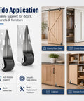 Built Tough Vertical Track Roller Wheels With Quiet Rubber Casters For Sliding Barn Doors And Cabinets 110 Lb Bottom Support Kit shown with applications for doors and furniture.